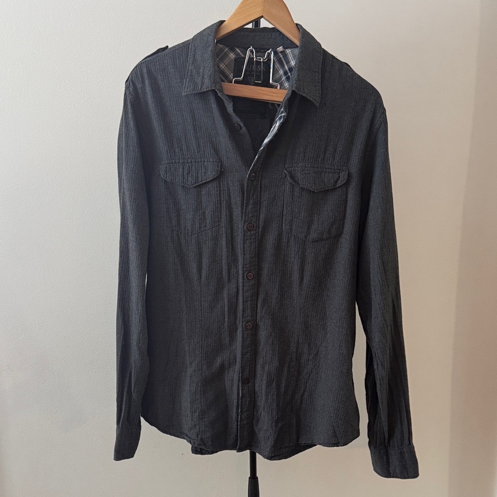 Guess charcoal gray 100% cotton button down with design in the bacl-Size L